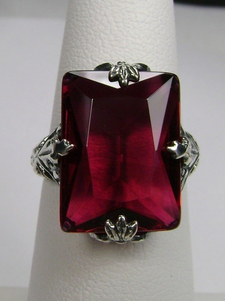 Ruby Ring, Simulated Gemstone, Art Deco 1930s Leaf and floral sterling silver filigree, Reproduction Vintage Jewelry, D15, Silver Embrace Jewelry