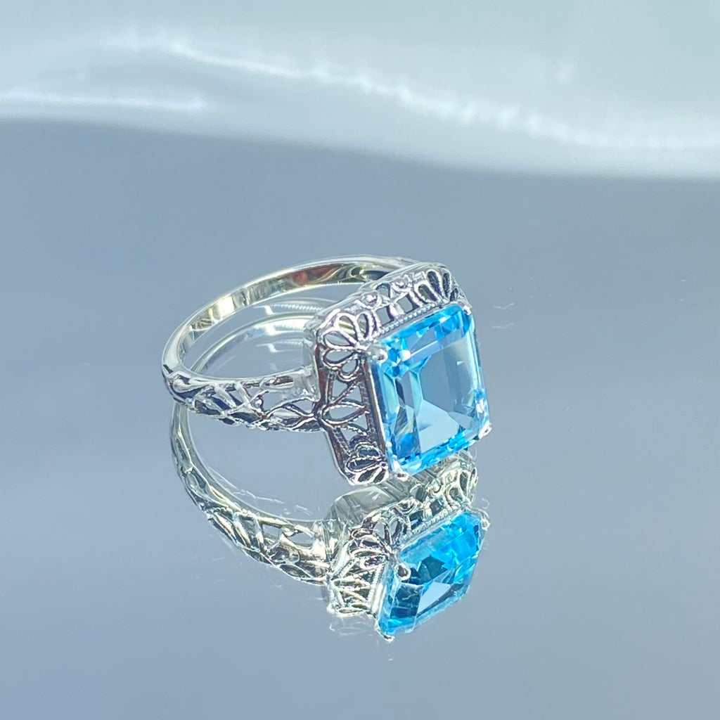 Natural Blue Topaz Ring, Sterling Silver Vintage Filigree, Victorian revival jewelry, Victorian Loop (VicLoop), Silver Embrace Jewelry, D150