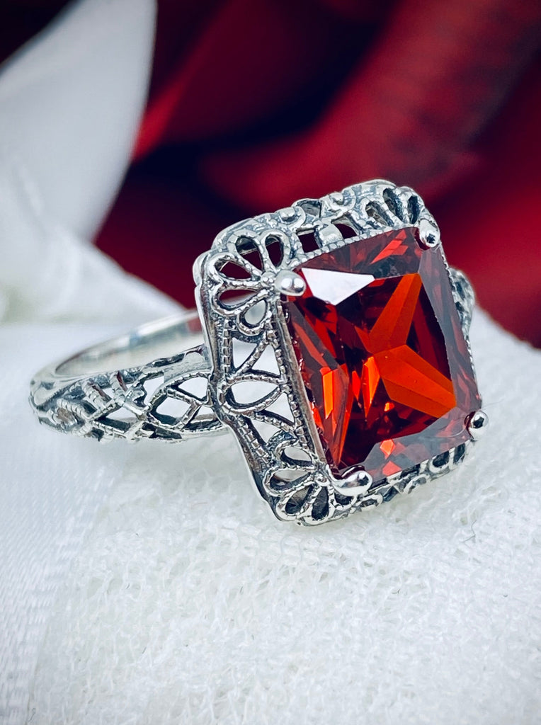 Garnet CZ (Cubic Zirconia) Ring, Vintage Sterling silver Filigree, Victorian Revival Jewelry, Silver Embrace Jewelry, D150