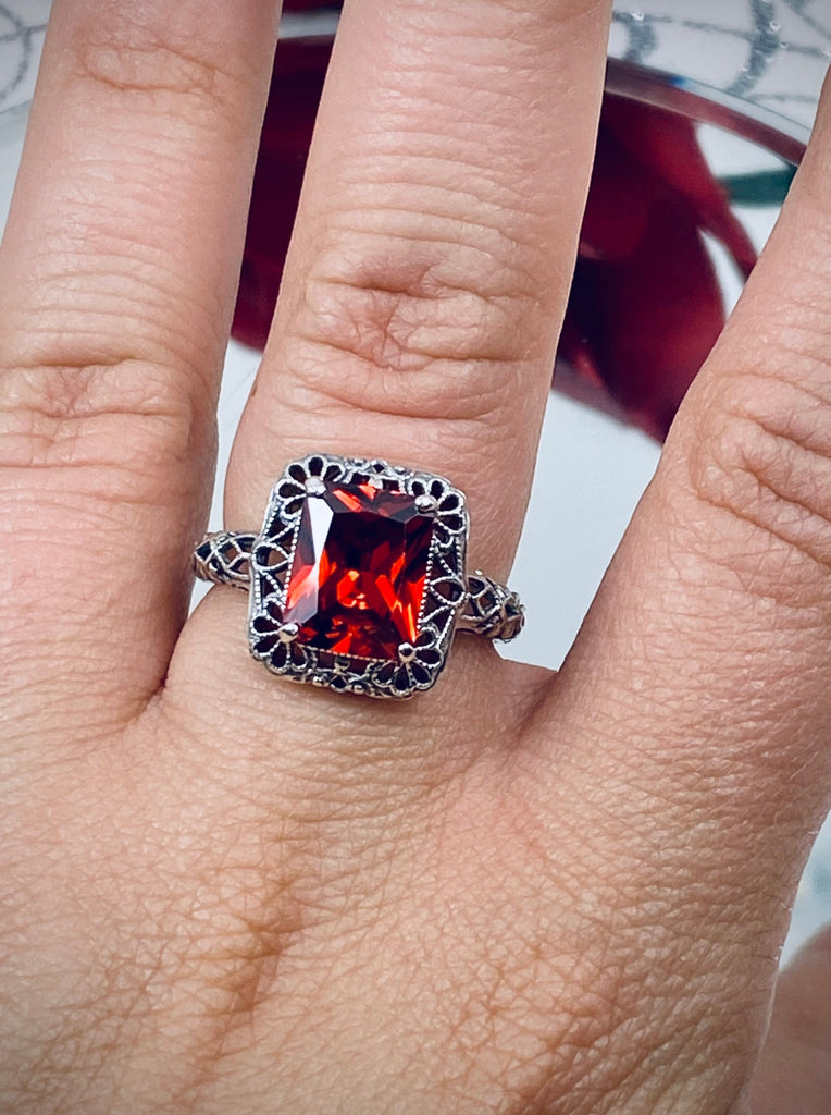 Garnet CZ (Cubic Zirconia) Ring, Vintage Sterling silver Filigree, Victorian Revival Jewelry, Silver Embrace Jewelry, D150