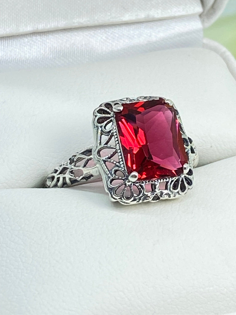 Ruby Ring, Sterling Silver Vintage Filigree, Victorian revival jewelry, VicLoop, Silver Embrace Jewelry, D150