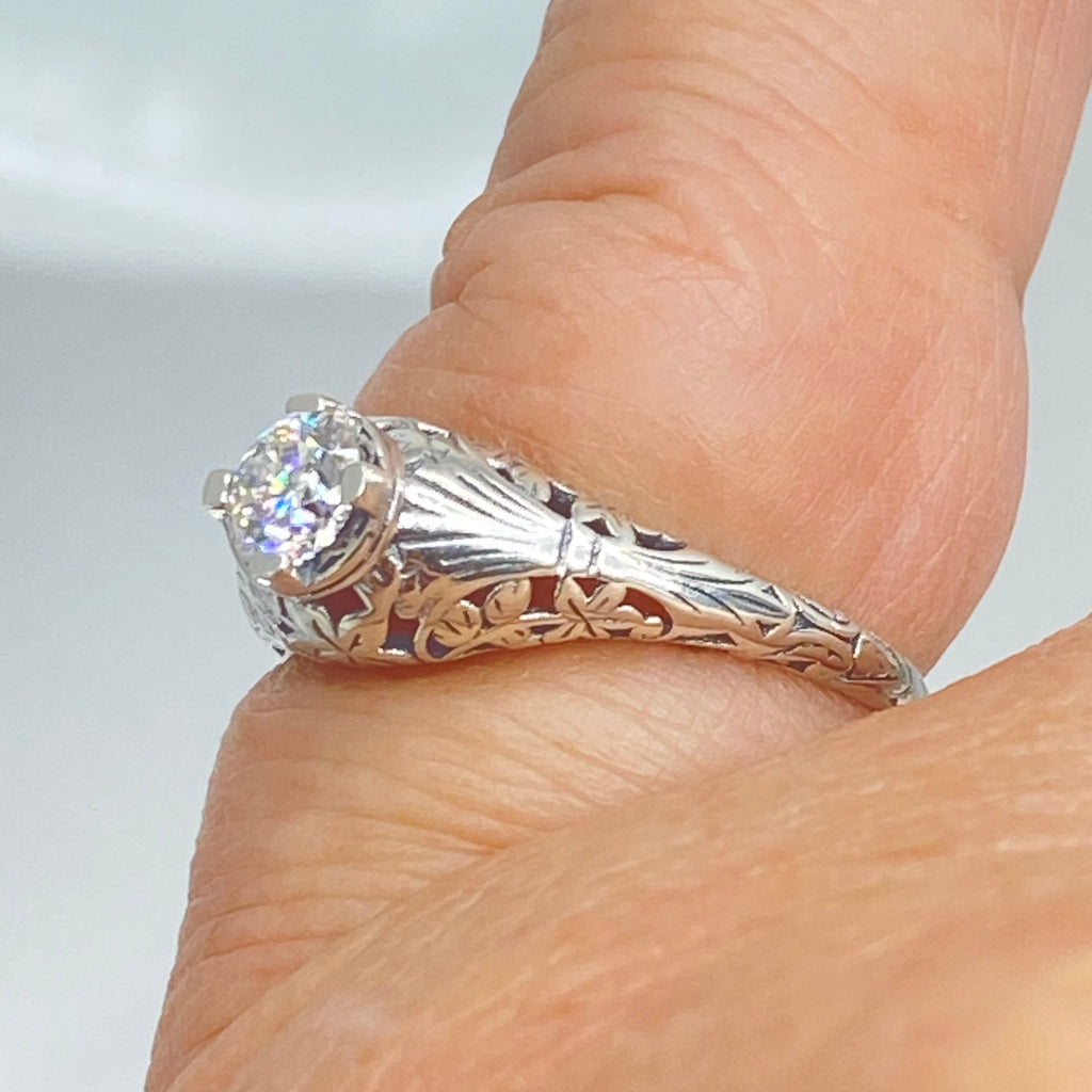 Moissanite Ring, Wedding Ring, solitaire with sterling silver filigree, Victorian style jewelry, D154
