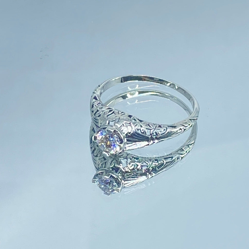 Moissanite Ring, Wedding Ring, solitaire with sterling silver filigree, Victorian style jewelry, D154