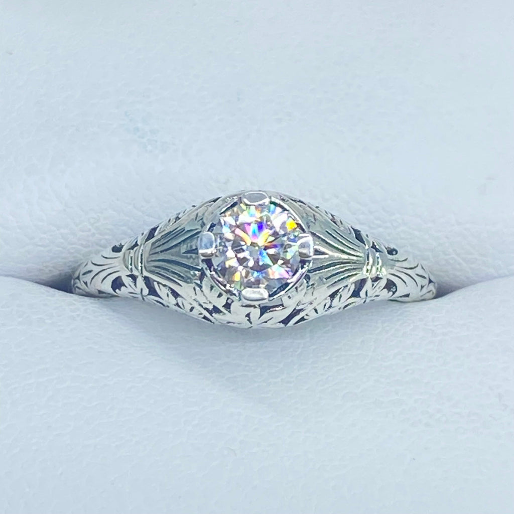 Moissanite Ring, Wedding Ring, solitaire with sterling silver filigree, Victorian style jewelry, D154