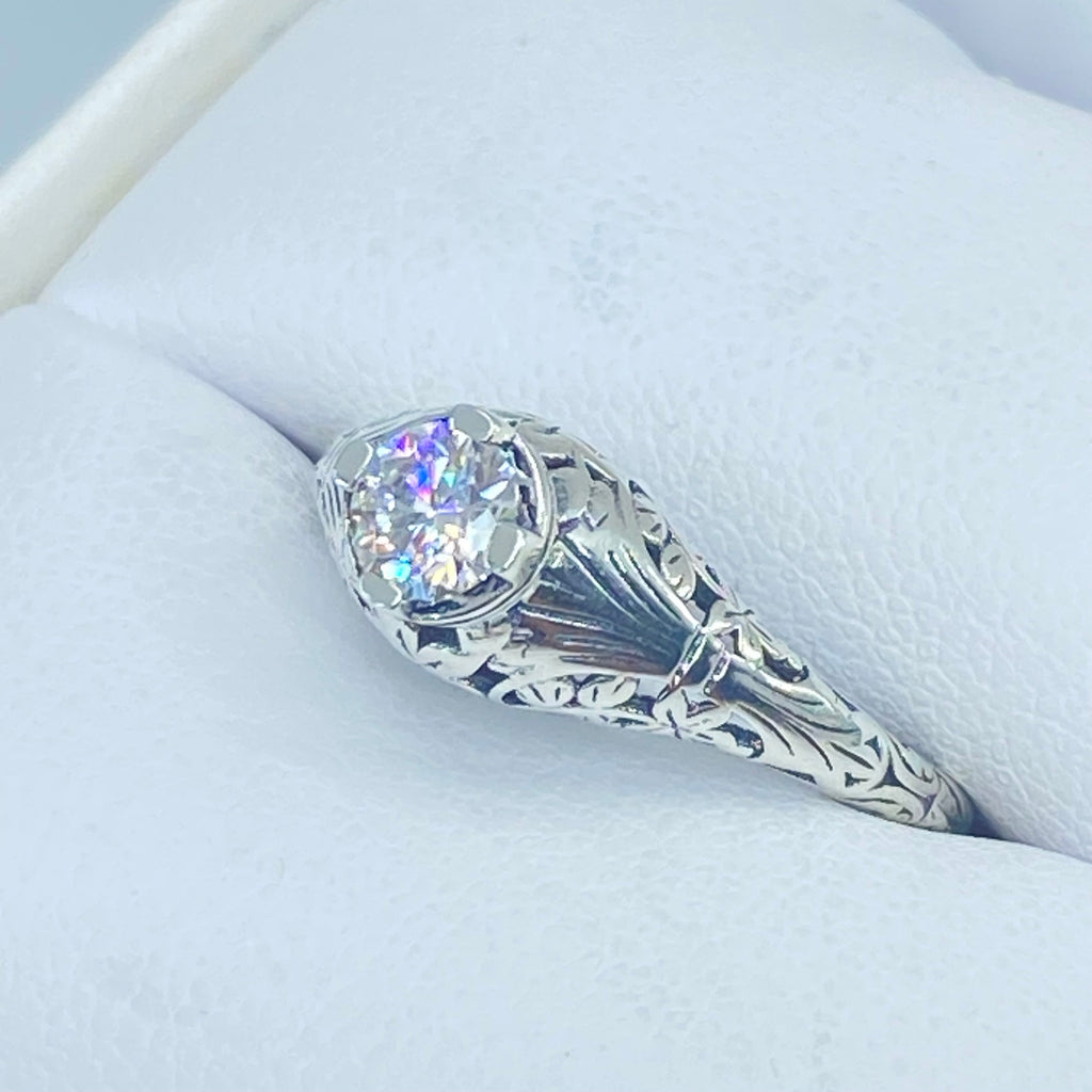 Moissanite Ring, Wedding Ring, solitaire with sterling silver filigree, Victorian style jewelry, D154
