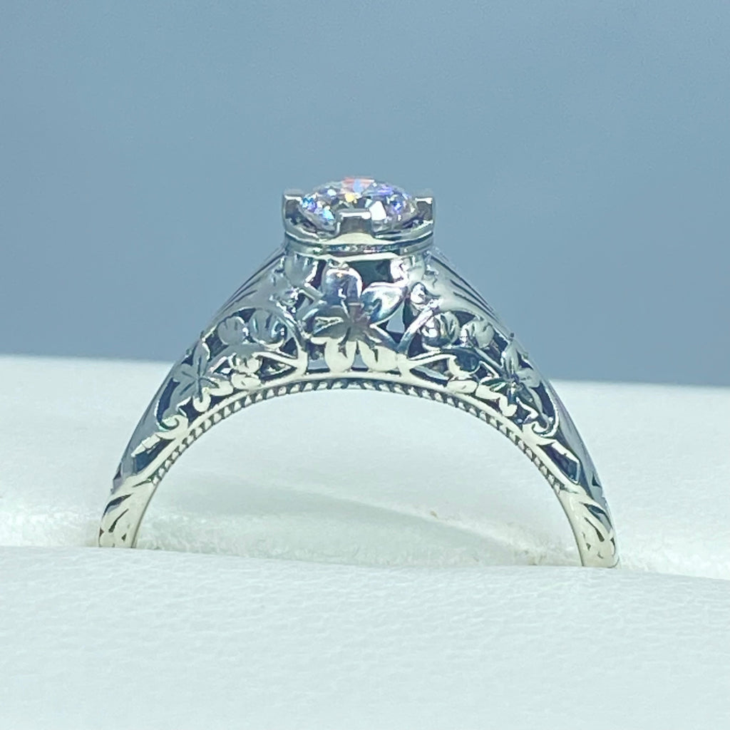 Moissanite Ring, Wedding Ring, solitaire with sterling silver filigree, Victorian style jewelry, D154