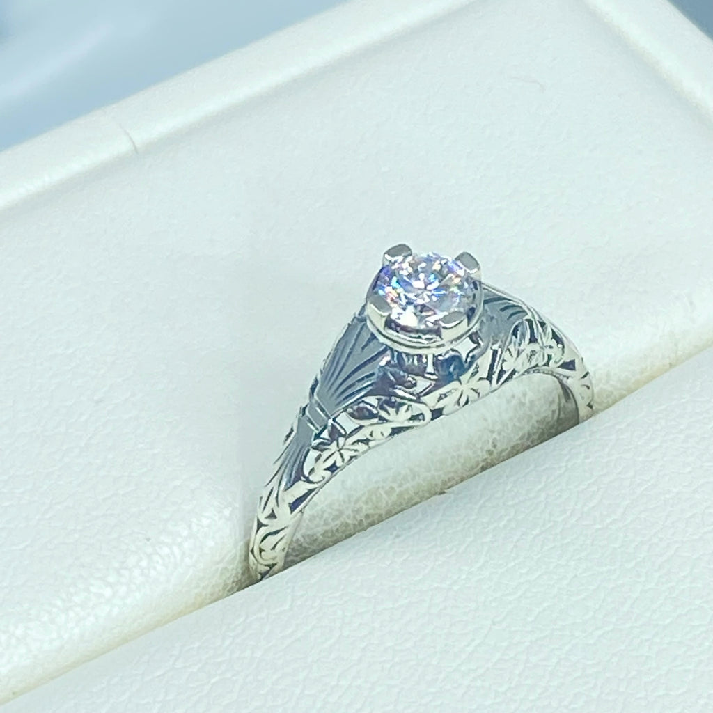 Moissanite Ring, Wedding Ring, solitaire with sterling silver filigree, Victorian style jewelry, D154