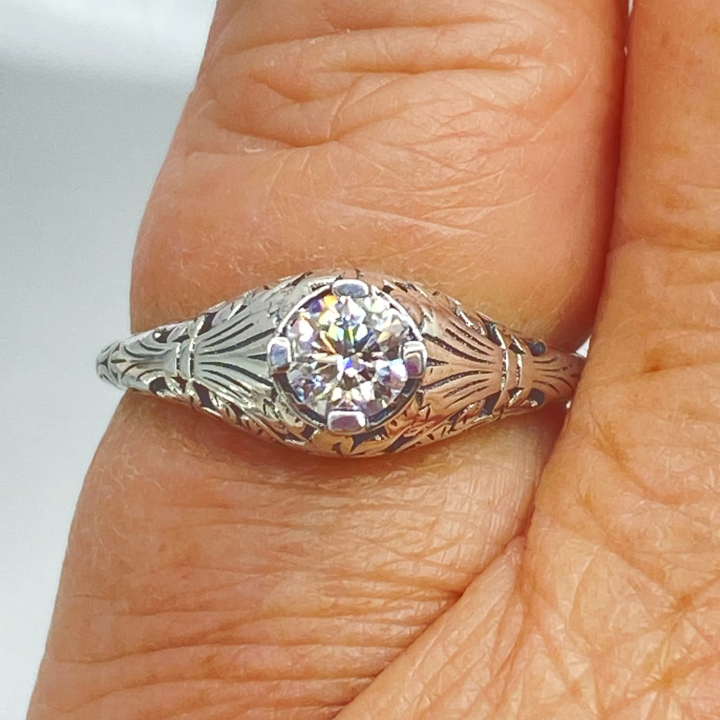 Moissanite Ring, Wedding Ring, solitaire with sterling silver filigree, Victorian style jewelry, D154