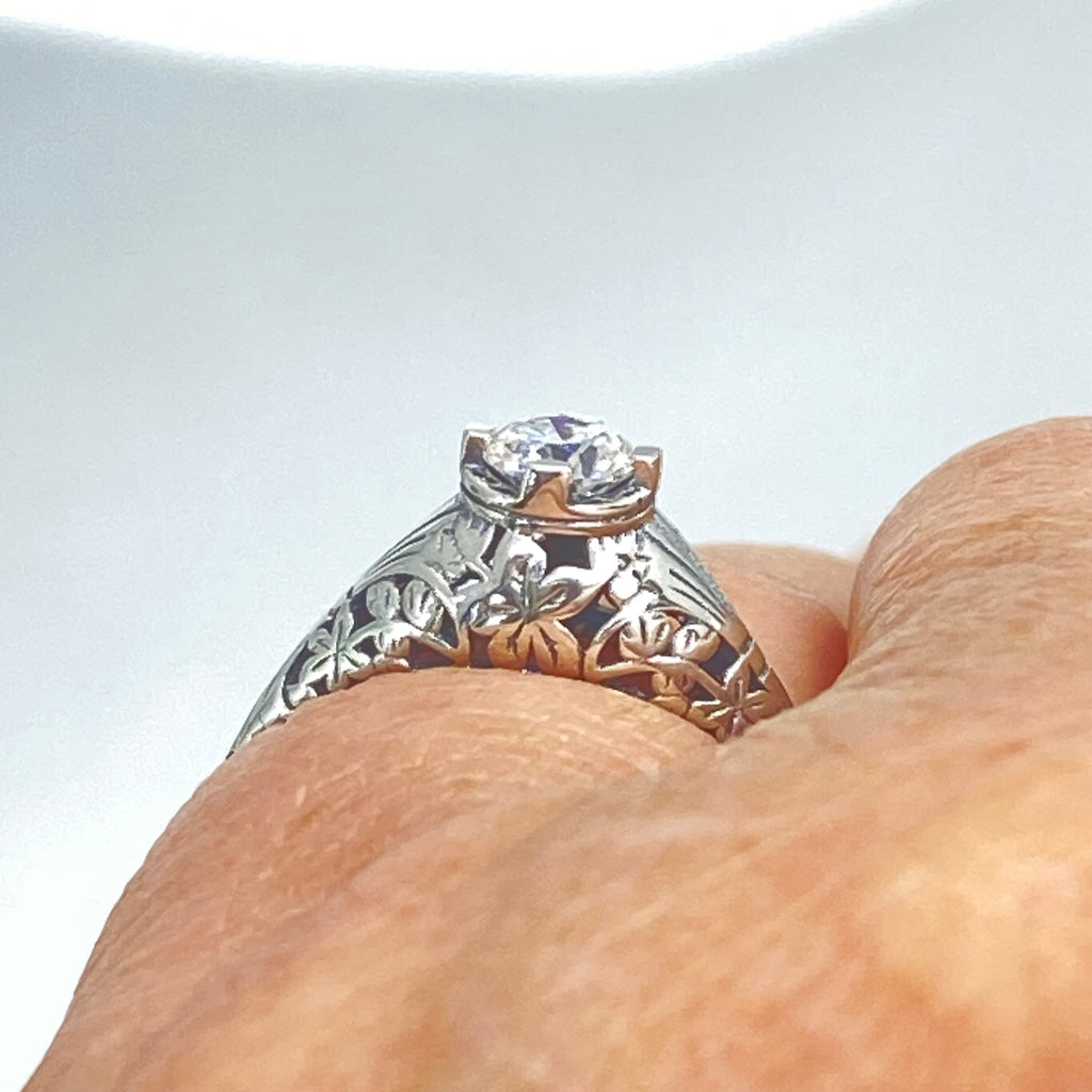 Moissanite Ring, Wedding Ring, solitaire with sterling silver filigree, Victorian style jewelry, D154