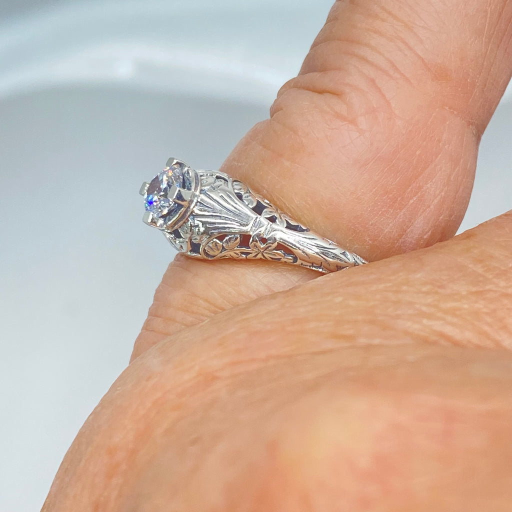White CZ Ring, Wedding Ring, solitaire with sterling silver filigree, Victorian style jewelry, D154