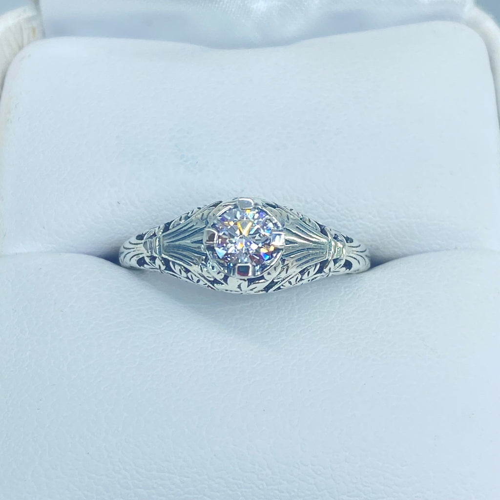 White CZ Ring, Wedding Ring, solitaire with sterling silver filigree, Victorian style jewelry, D154