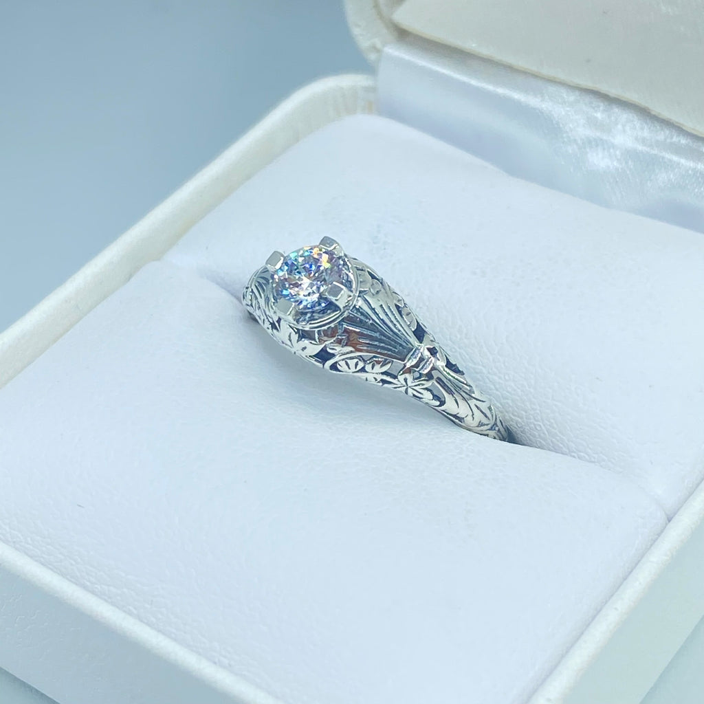 White CZ Ring, Wedding Ring, solitaire with sterling silver filigree, Victorian style jewelry, D154