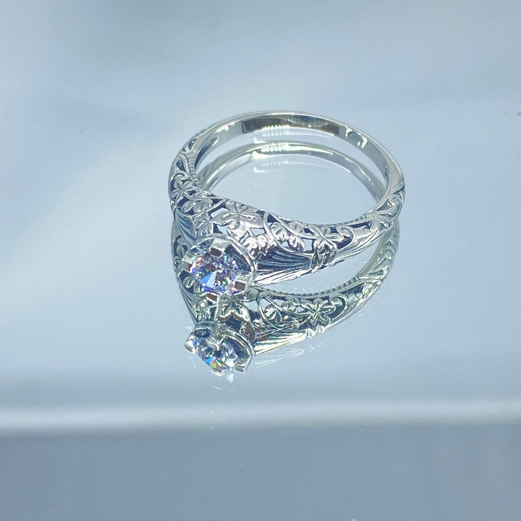 White CZ Ring, Wedding Ring, solitaire with sterling silver filigree, Victorian style jewelry, D154