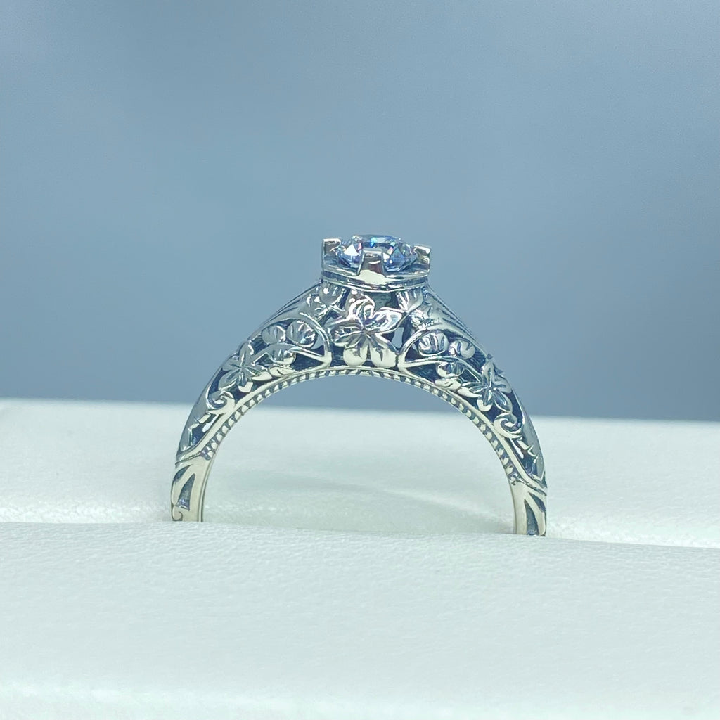 White CZ Ring, Wedding Ring, solitaire with sterling silver filigree, Victorian style jewelry, D154
