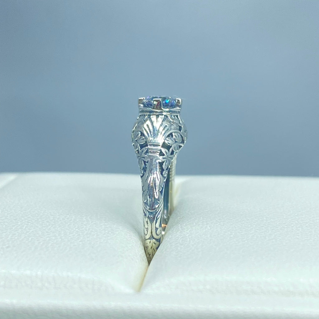 White CZ Ring, Wedding Ring, solitaire with sterling silver filigree, Victorian style jewelry, D154