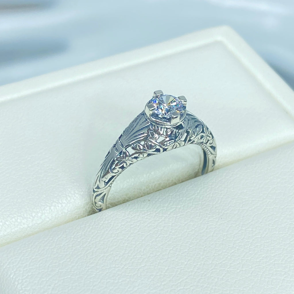 White CZ Ring, Wedding Ring, solitaire with sterling silver filigree, Victorian style jewelry, D154