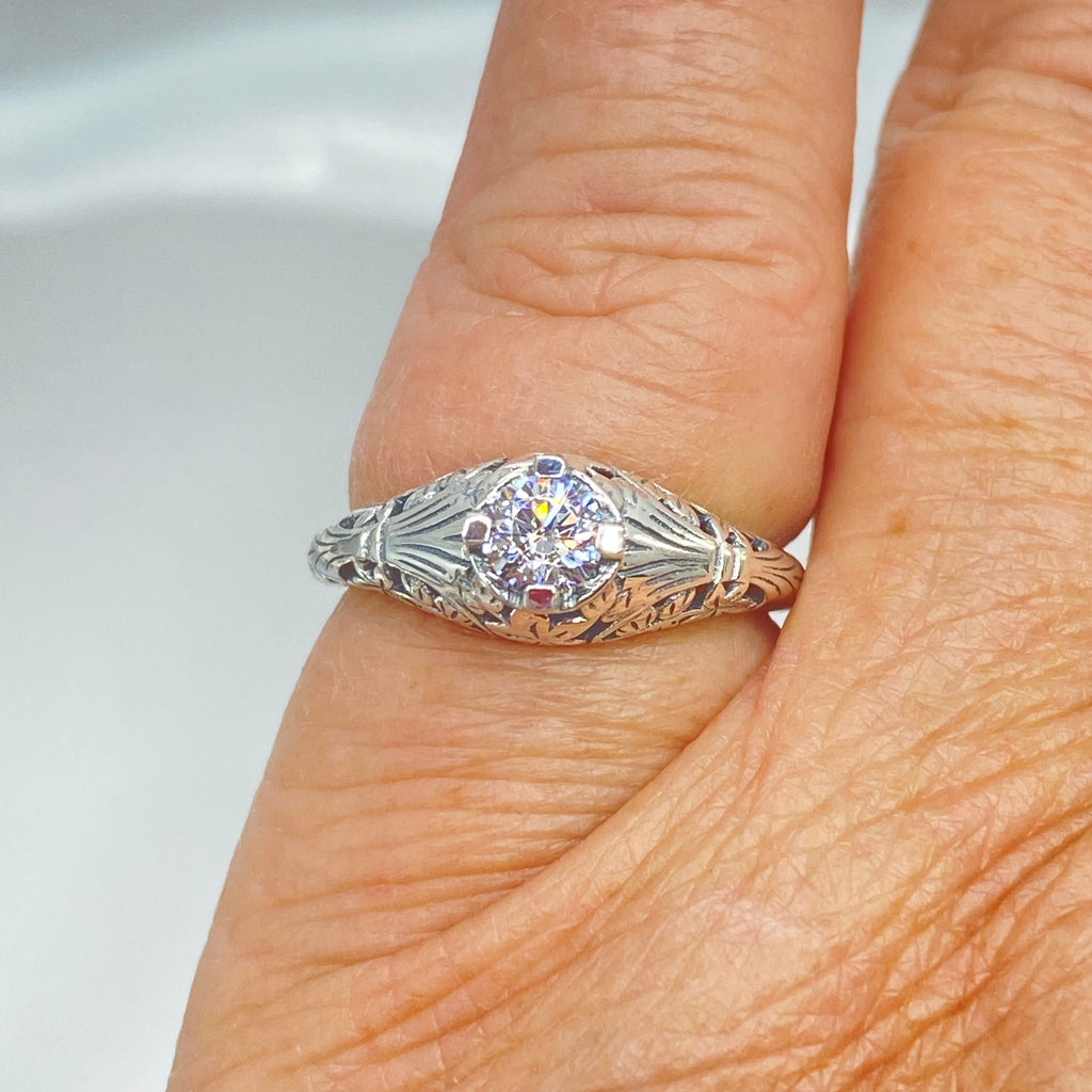White CZ Ring, Wedding Ring, solitaire with sterling silver filigree, Victorian style jewelry, D154