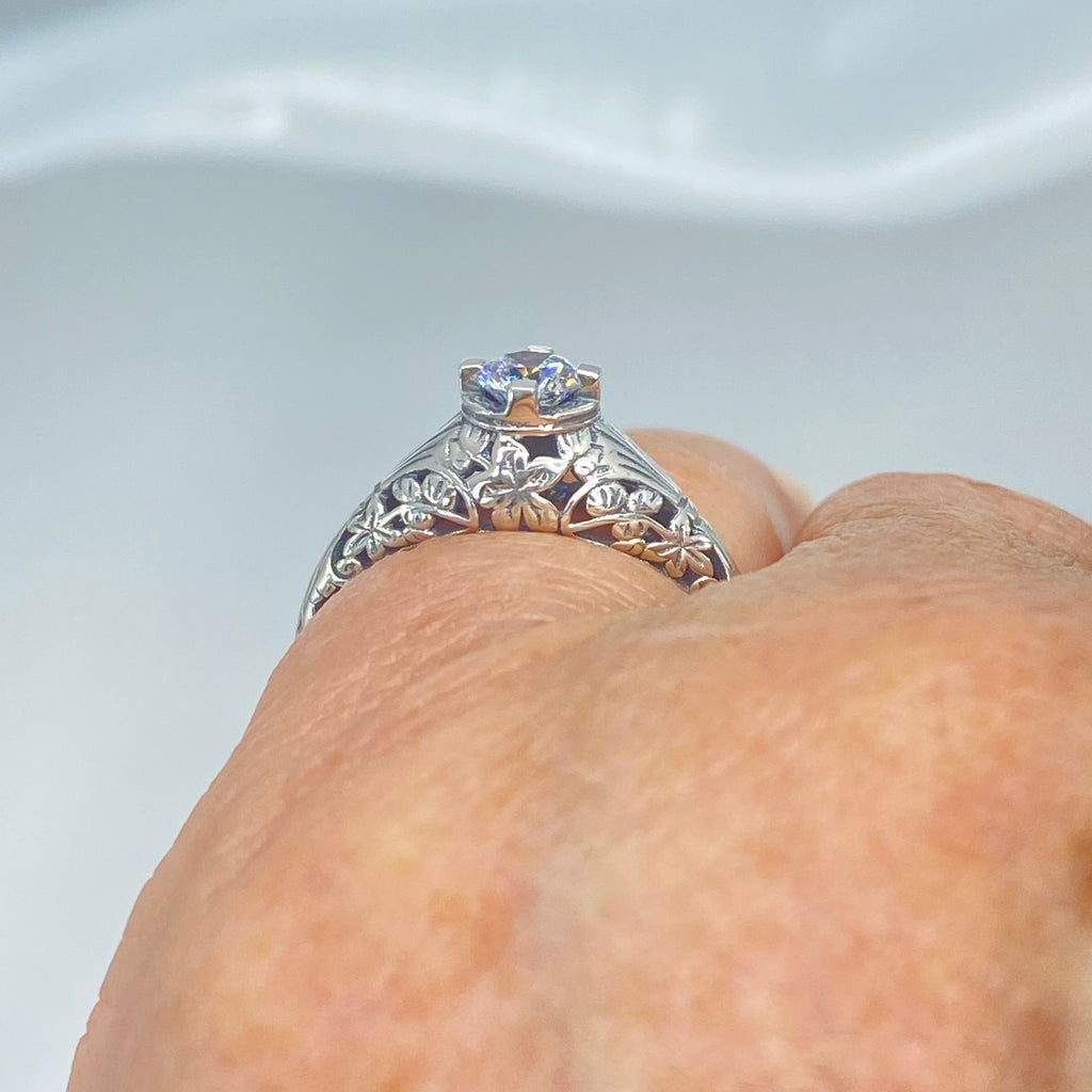 White CZ Ring, Wedding Ring, solitaire with sterling silver filigree, Victorian style jewelry, D154