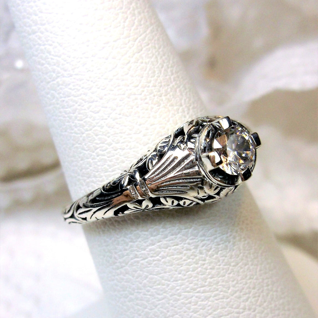 Moissanite Ring, Wedding Ring, solitaire with sterling silver filigree, Victorian style jewelry, D154