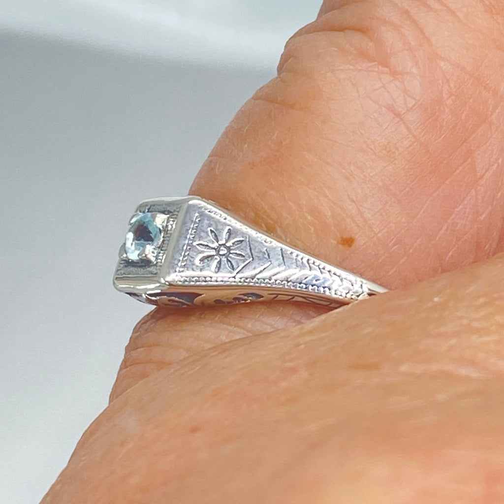 Blue topaz ring, solid sterling silver, deco wedding ring, D155, Silver Embrace Jewelry