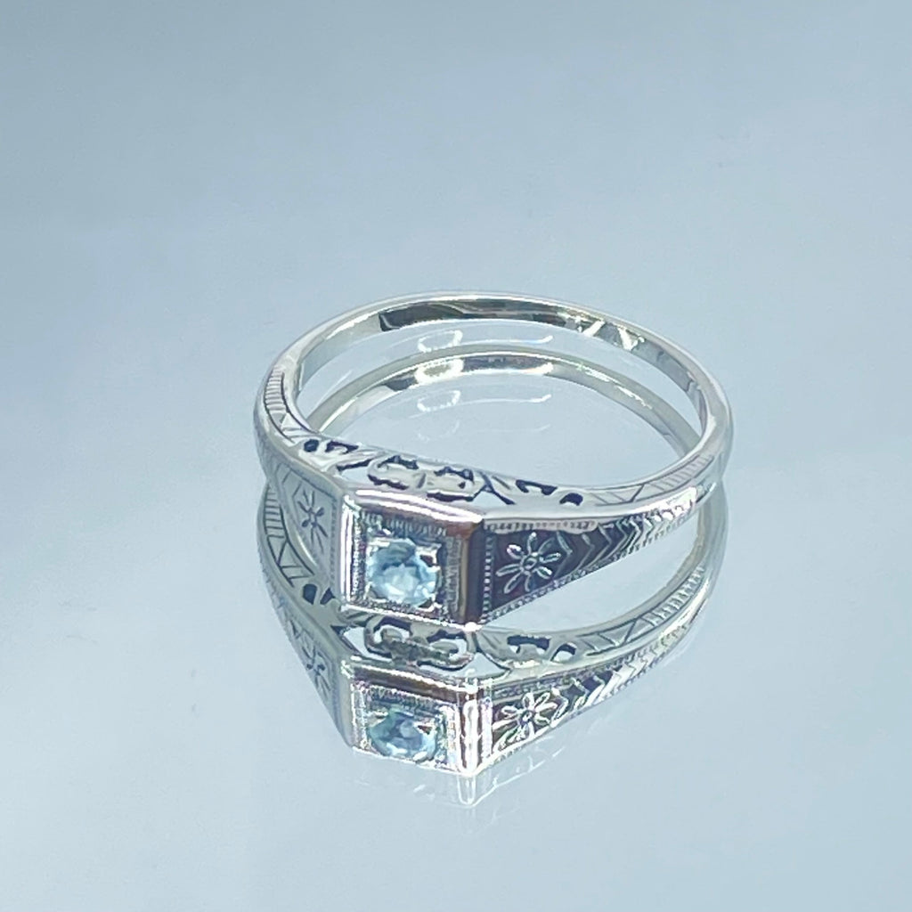 Blue topaz ring, solid sterling silver, deco wedding ring, D155, Silver Embrace Jewelry