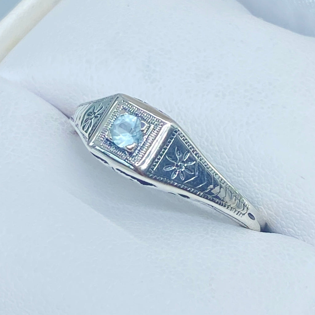 Blue topaz ring, solid sterling silver, deco wedding ring, D155, Silver Embrace Jewelry