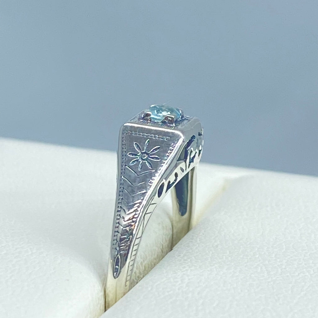 Blue topaz ring, solid sterling silver, deco wedding ring, D155, Silver Embrace Jewelry