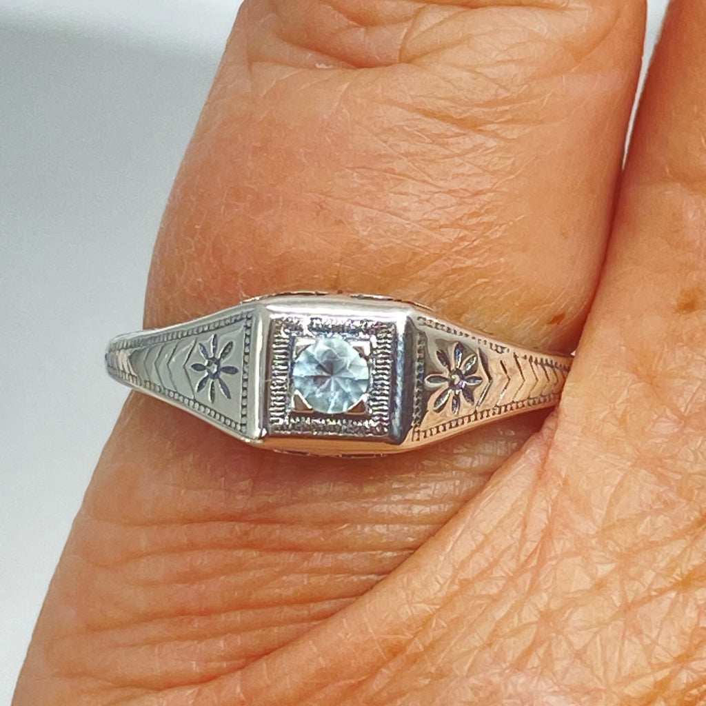 Blue topaz ring, solid sterling silver, deco wedding ring, D155, Silver Embrace Jewelry
