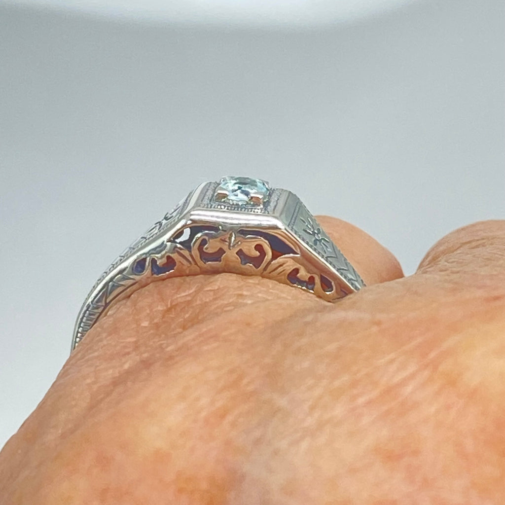 Blue topaz ring, solid sterling silver, deco wedding ring, D155, Silver Embrace Jewelry