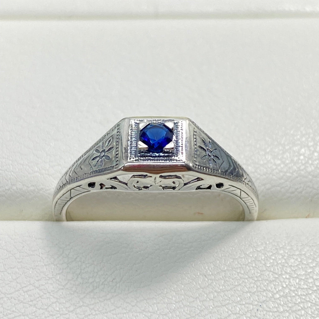 Blue Sapphire ring, sterling silver filigree, Art Deco wedding ring, D155, Silver Embrace Jewelry