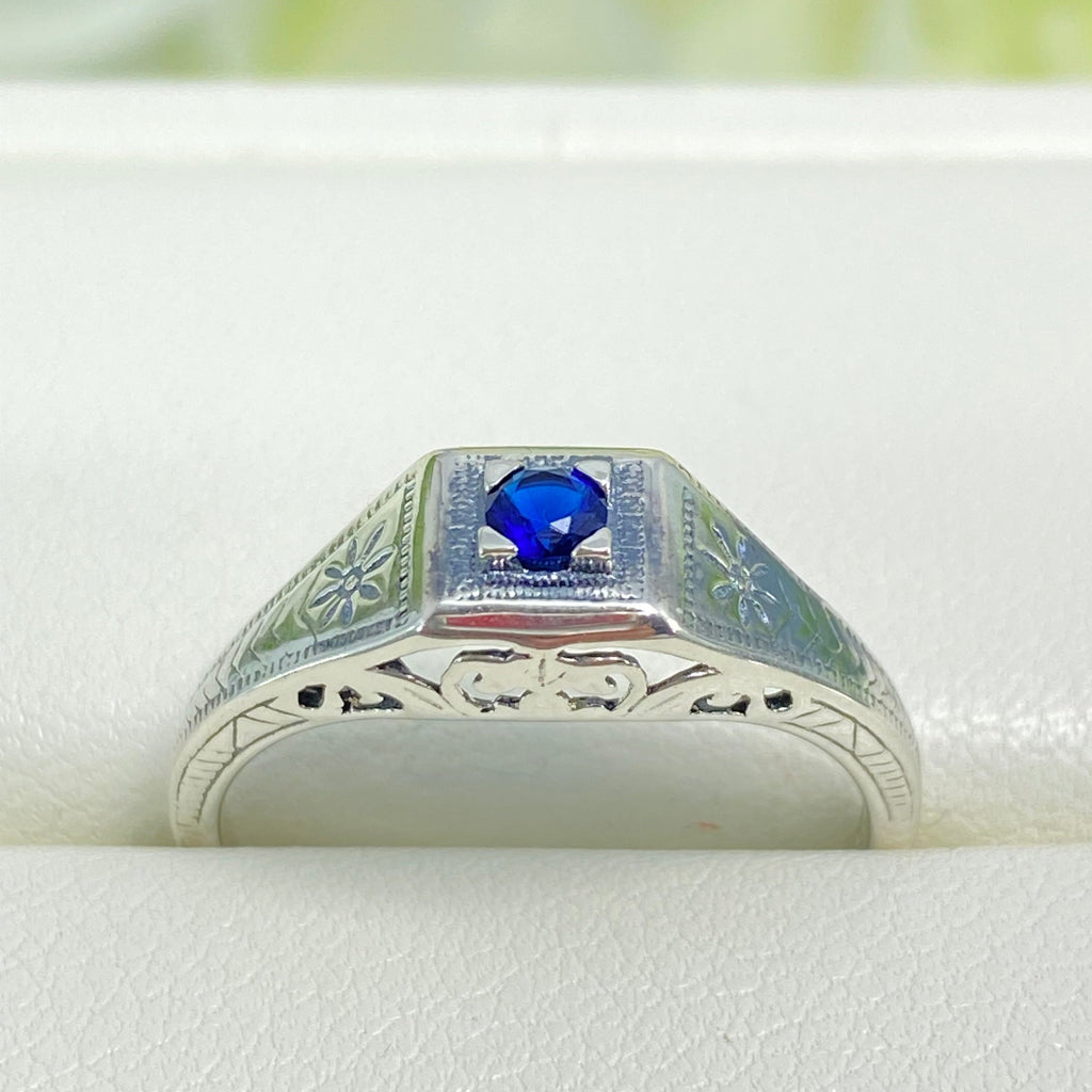 Blue Sapphire ring, sterling silver filigree, Art Deco wedding ring, D155, Silver Embrace Jewelry