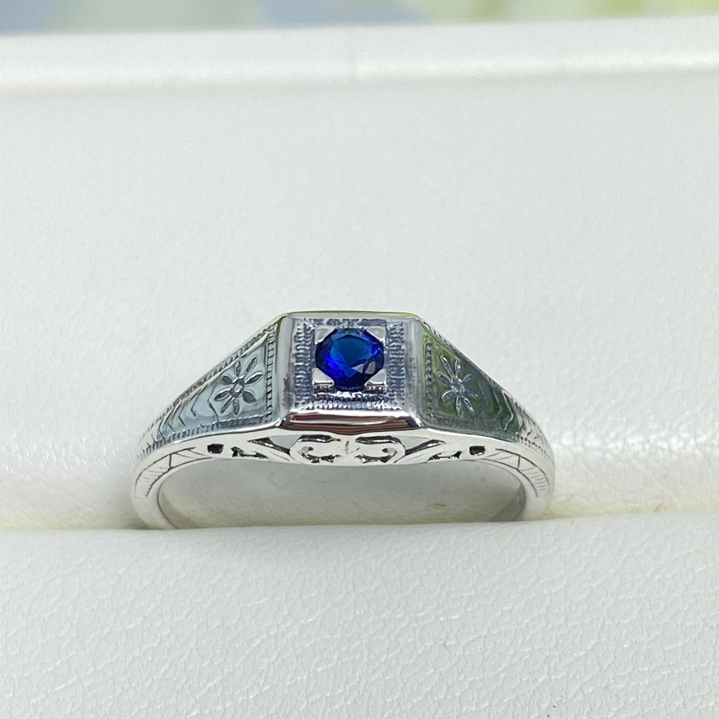 Blue Sapphire ring, sterling silver filigree, Art Deco wedding ring, D155, Silver Embrace Jewelry