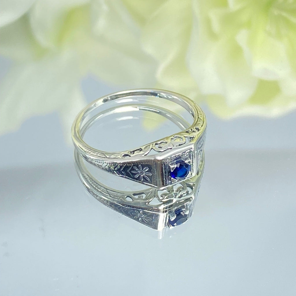 Blue Sapphire ring, sterling silver filigree, Art Deco wedding ring, D155, Silver Embrace Jewelry