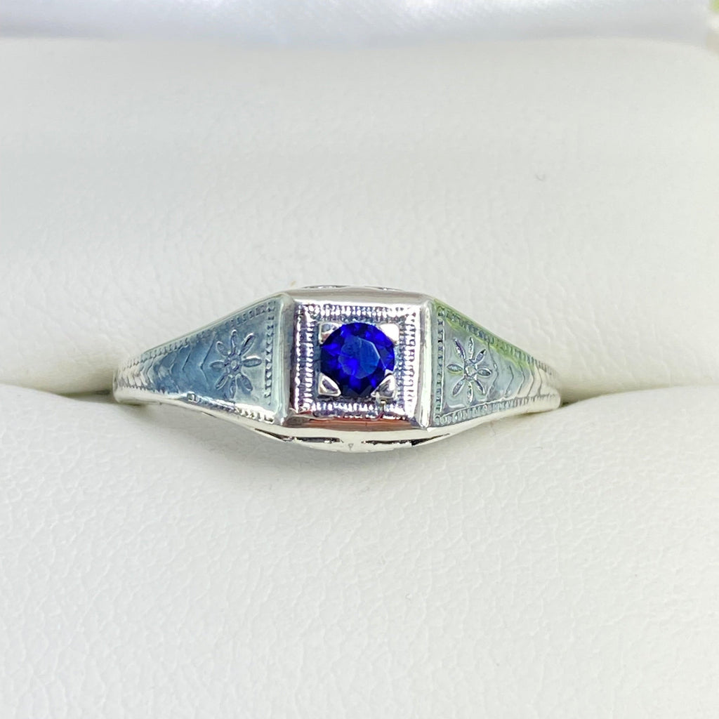 Blue Sapphire ring, sterling silver filigree, Art Deco wedding ring, D155, Silver Embrace Jewelry