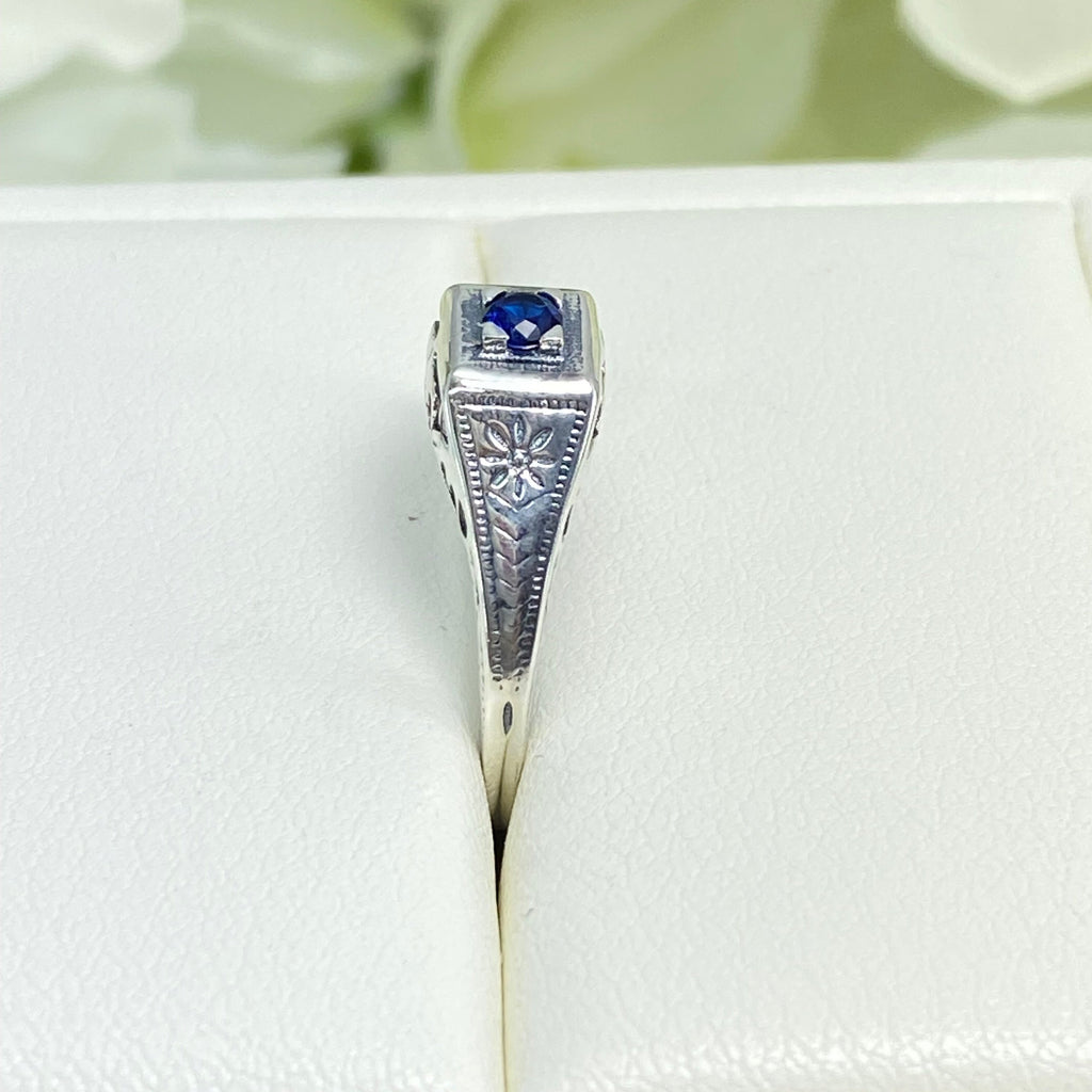 Blue Sapphire ring, sterling silver filigree, Art Deco wedding ring, D155, Silver Embrace Jewelry