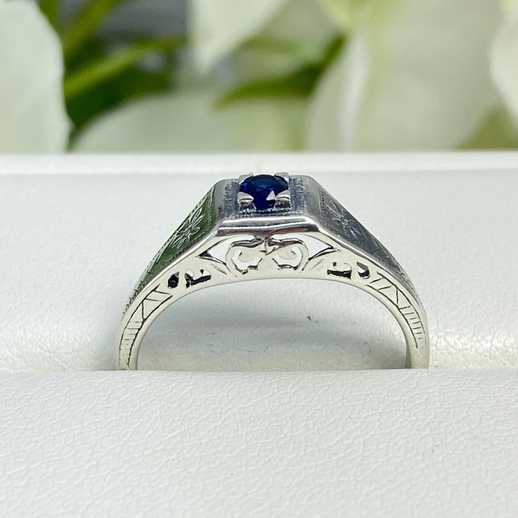 Blue Sapphire ring, sterling silver filigree, Art Deco wedding ring, D155, Silver Embrace Jewelry