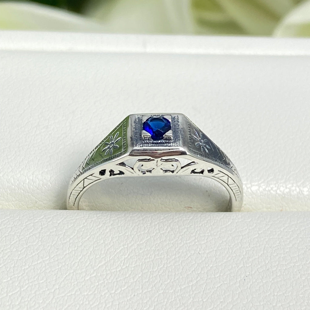 Blue Sapphire ring, sterling silver filigree, Art Deco wedding ring, D155, Silver Embrace Jewelry