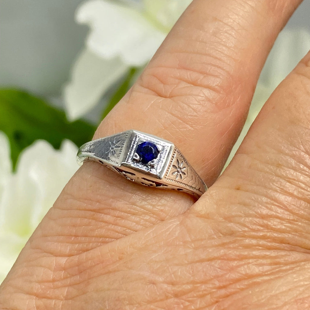 Blue Sapphire ring, sterling silver filigree, Art Deco wedding ring, D155, Silver Embrace Jewelry