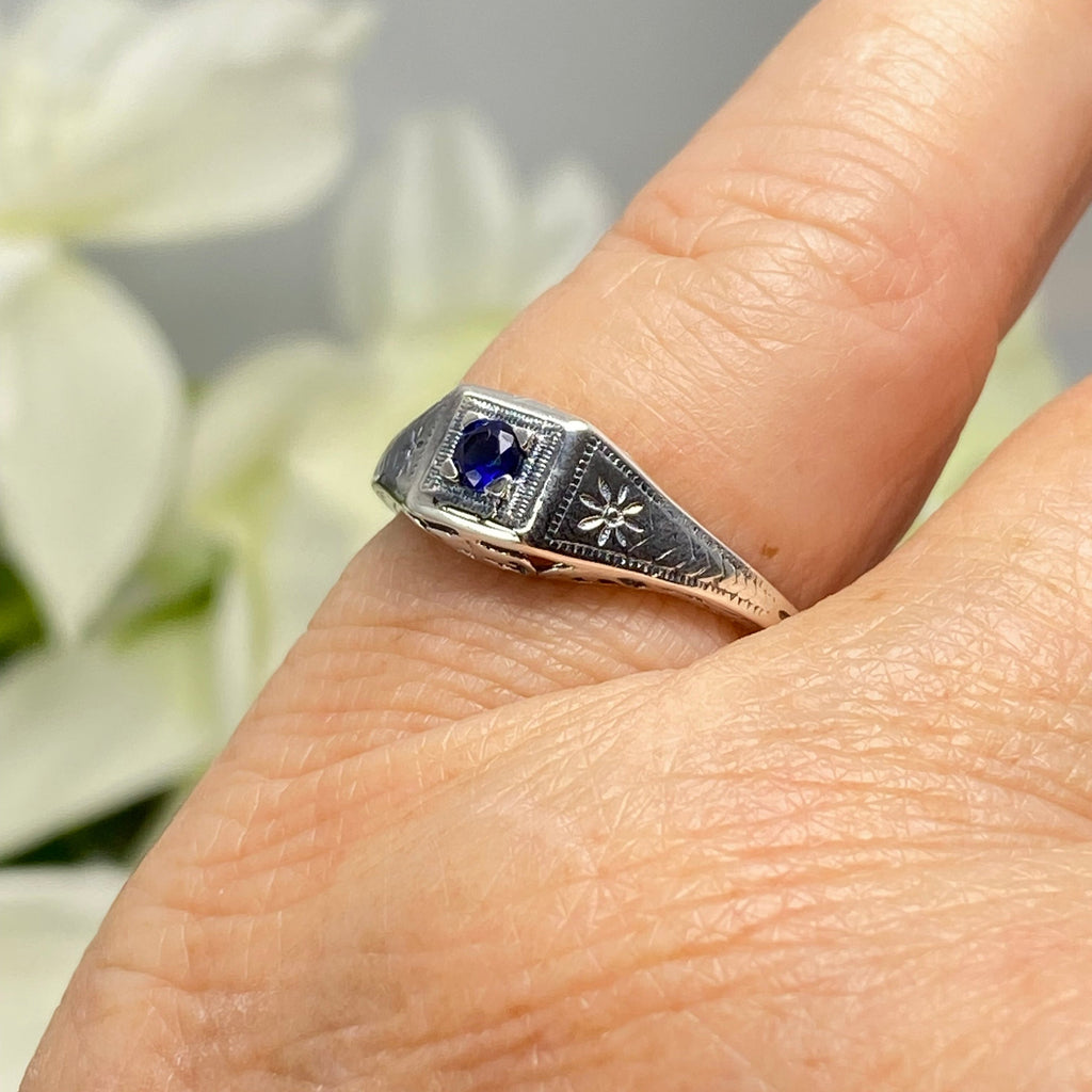 Blue Sapphire ring, sterling silver filigree, Art Deco wedding ring, D155, Silver Embrace Jewelry