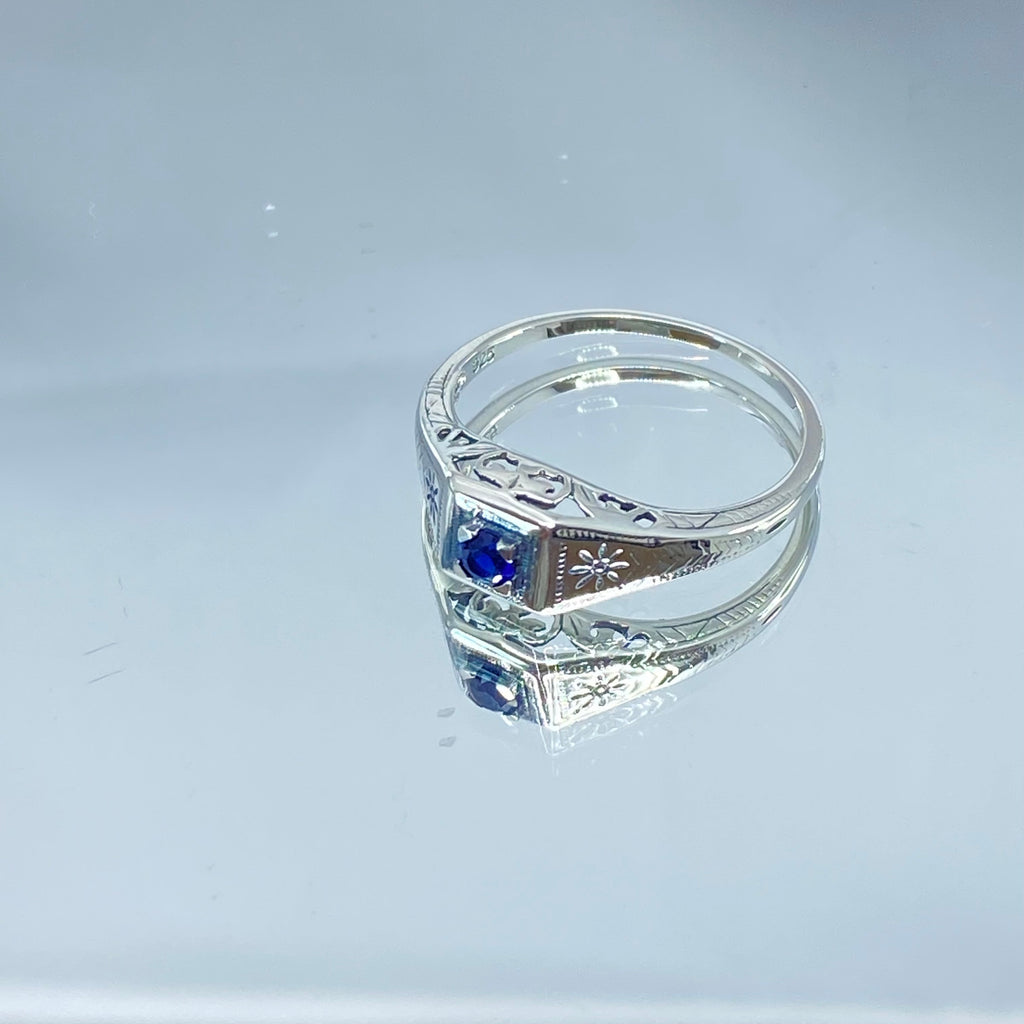London Blue Topaz ring, sterling silver, deco wedding ring, D155, Silver Embrace Jewelry