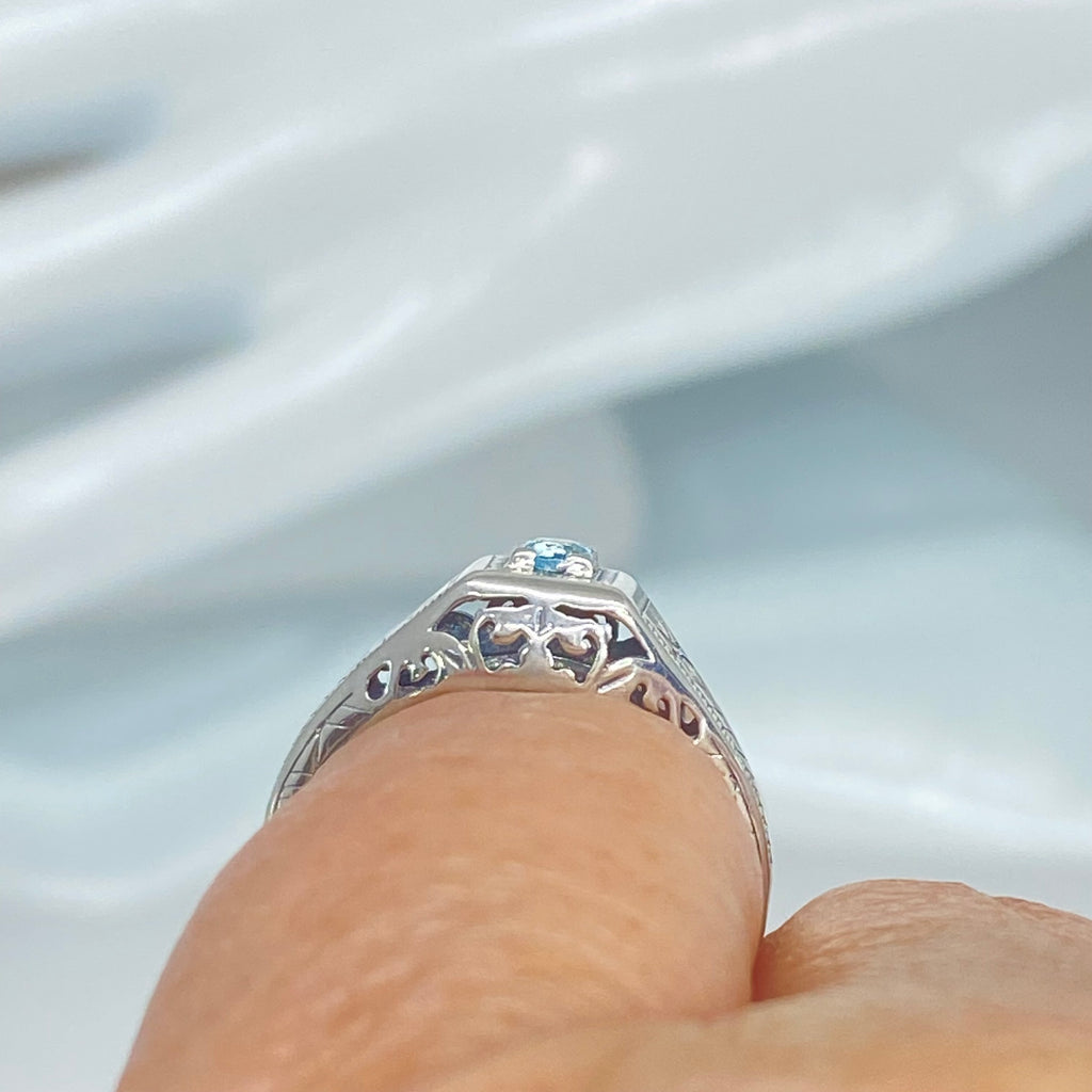 Natural Aquamarine ring, sterling silver, deco wedding ring, D155, Silver Embrace Jewelry