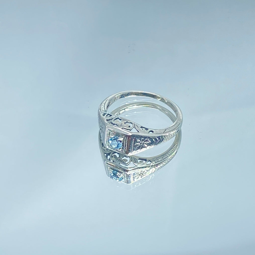 Natural Aquamarine ring, sterling silver, deco wedding ring, D155, Silver Embrace Jewelry