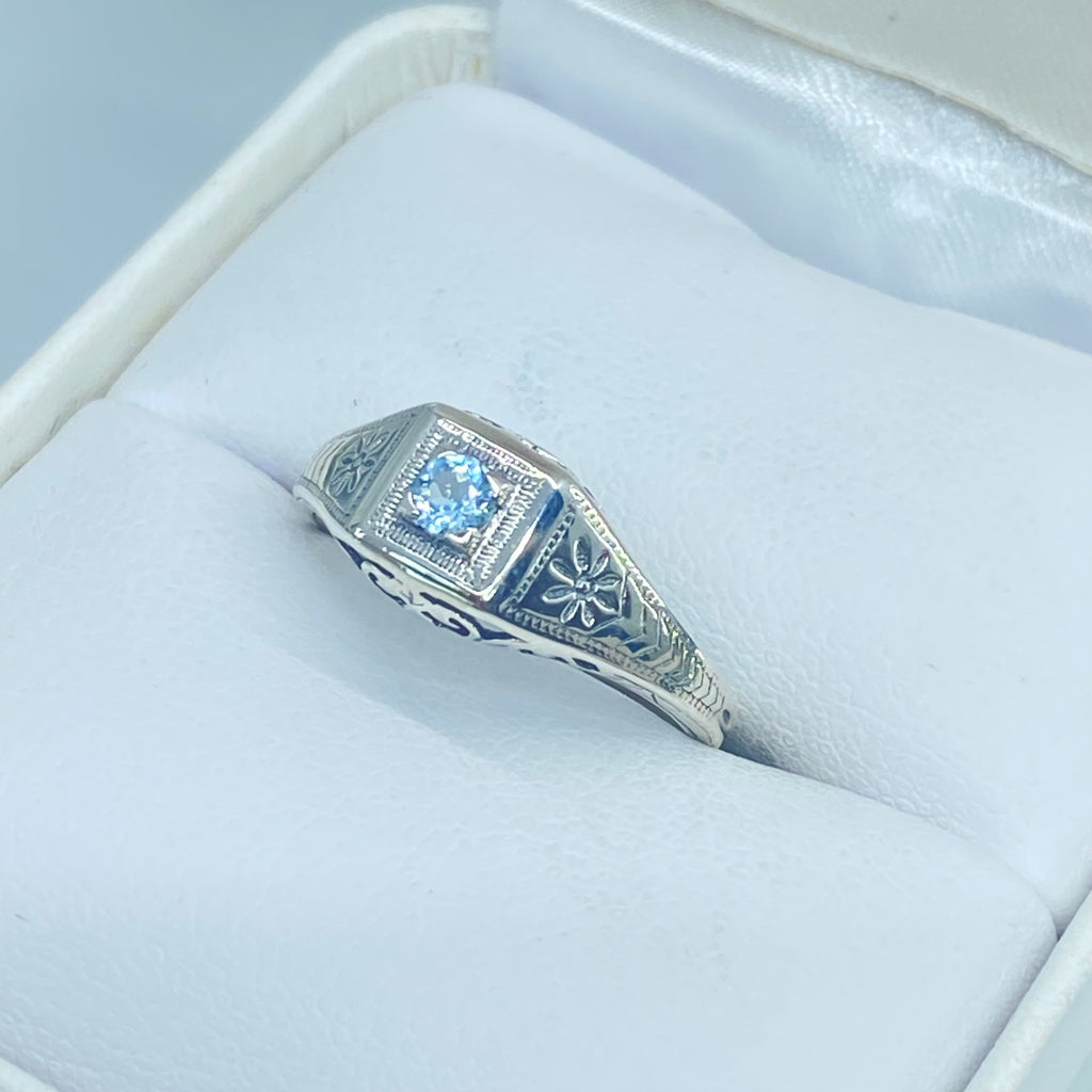 Natural Aquamarine ring, sterling silver, deco wedding ring, D155, Silver Embrace Jewelry