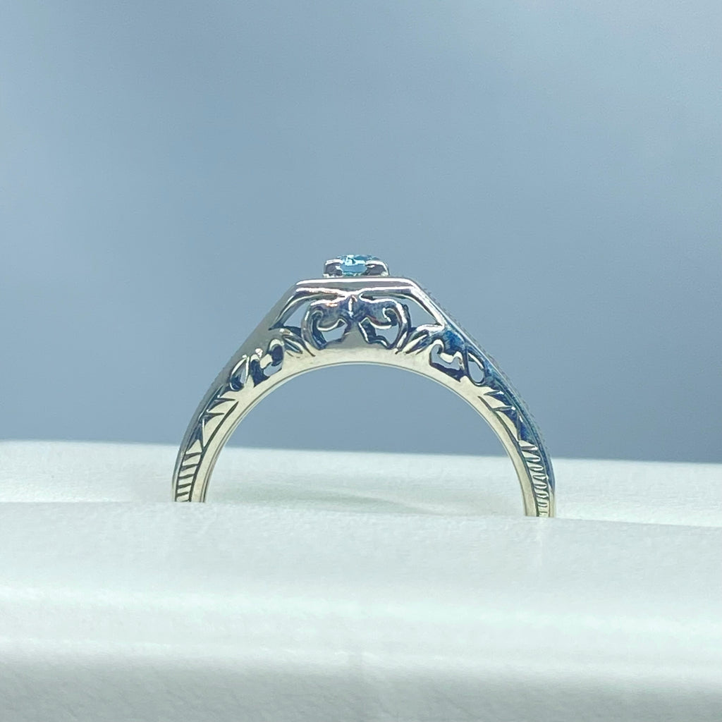 Natural Aquamarine ring, sterling silver, deco wedding ring, D155, Silver Embrace Jewelry