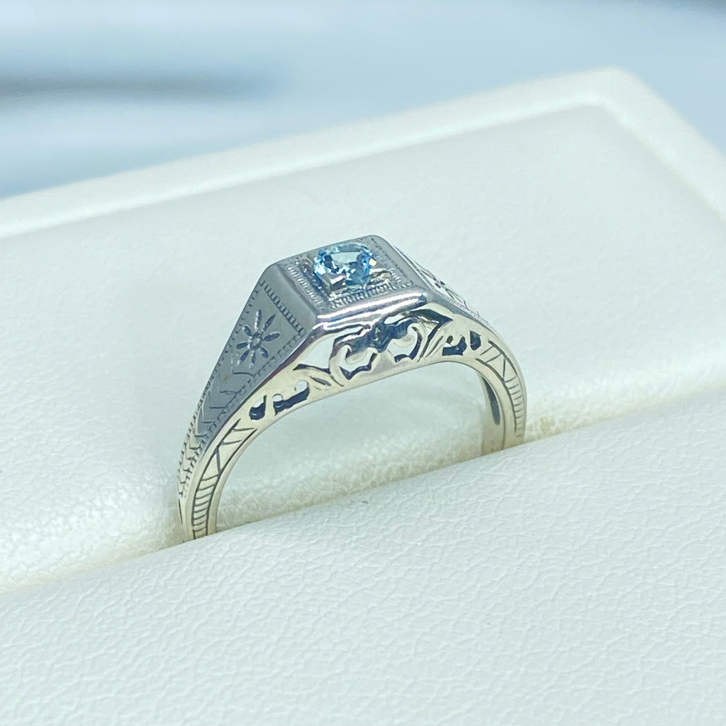 Natural Aquamarine ring, sterling silver, deco wedding ring, D155, Silver Embrace Jewelry