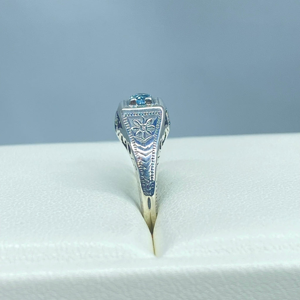 Natural Aquamarine ring, sterling silver, deco wedding ring, D155, Silver Embrace Jewelry