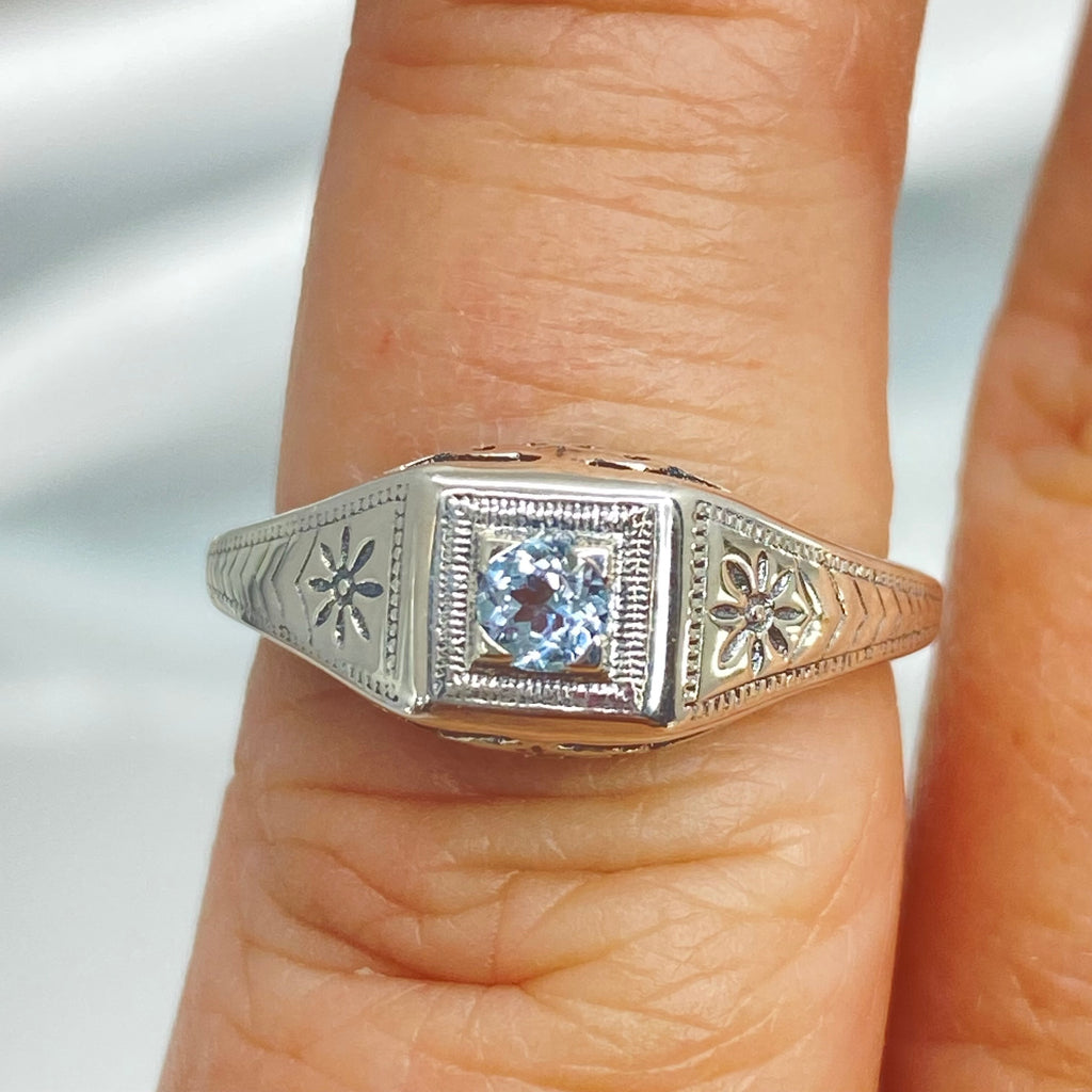 Natural Aquamarine ring, sterling silver, deco wedding ring, D155, Silver Embrace Jewelry