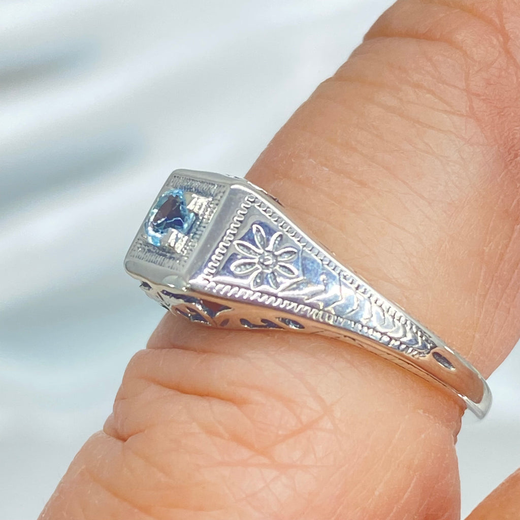 Natural Aquamarine ring, sterling silver, deco wedding ring, D155, Silver Embrace Jewelry