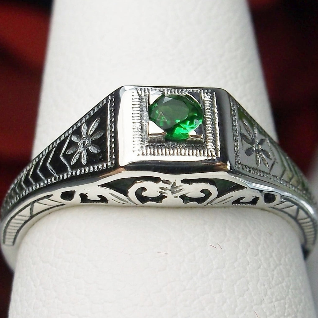 Sterling Silver ring, natural green emerald, deco wedding ring, D155, Silver Embrace Jewelry