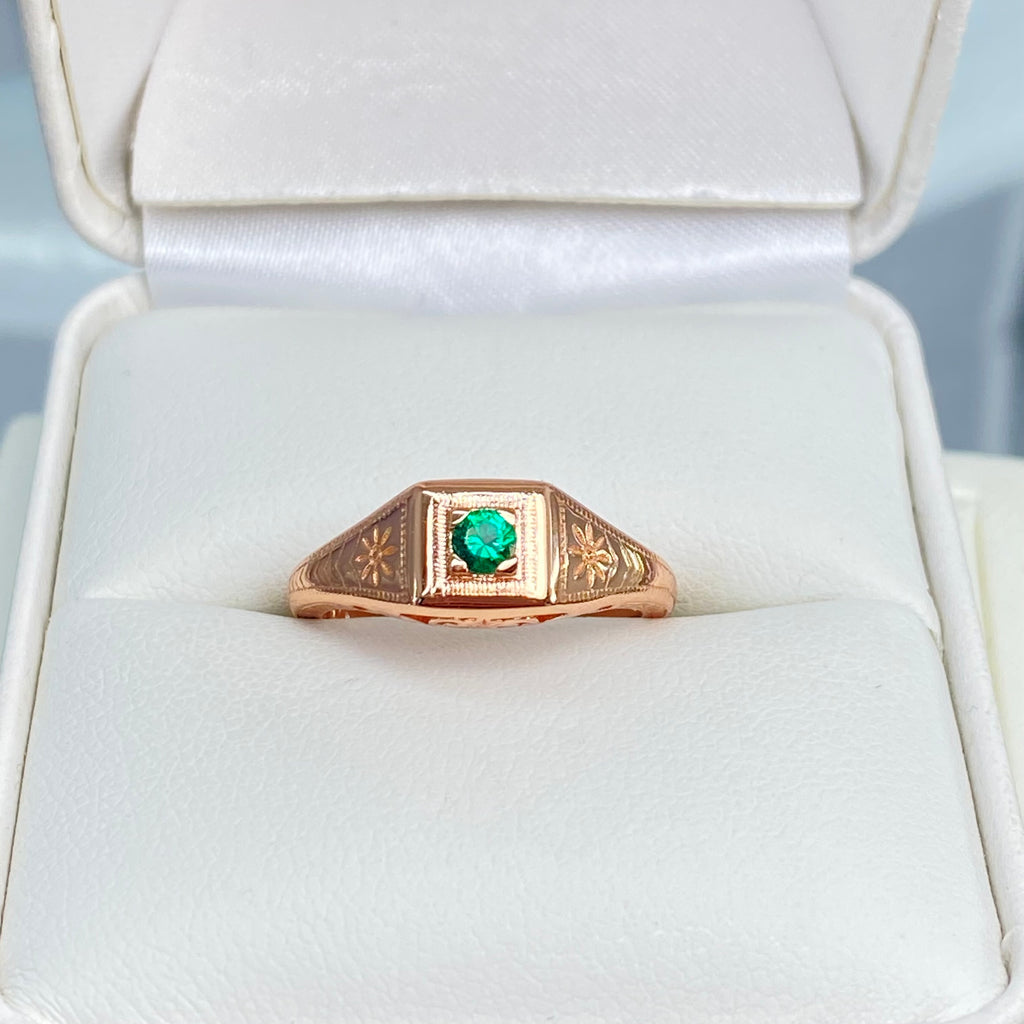 Rose gold ring, natural green emerald, deco wedding ring, D155, Silver Embrace Jewelry